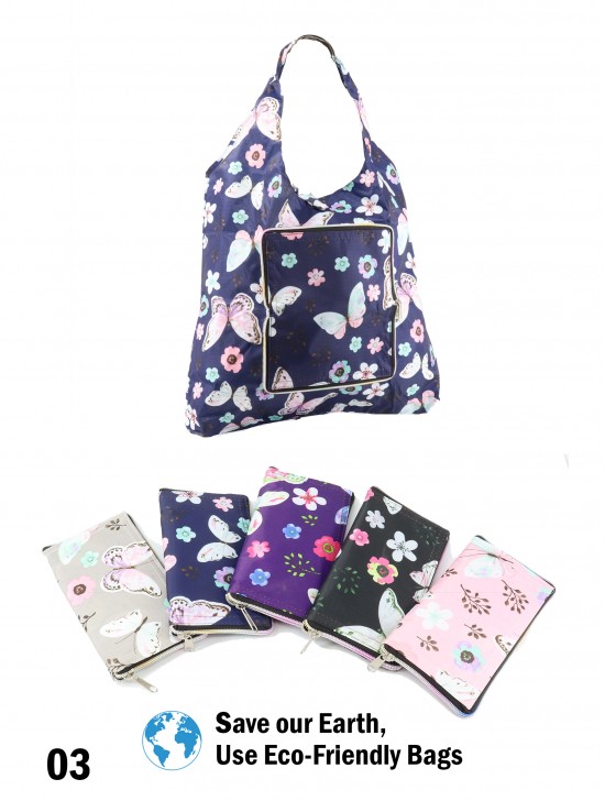 Butterflies & Flowers Reusable Foldable Shopping Bags W/ Zipper(6 pcs)